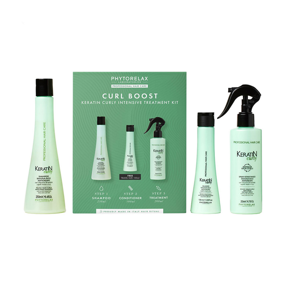 Набір для волосся Phytorelax Laboratories Curl Boost Keratin Curly Intensive Treatment Kit (шампунь, 250 мл + кондиціонер, 100 мл + спрей, 200 мл)
